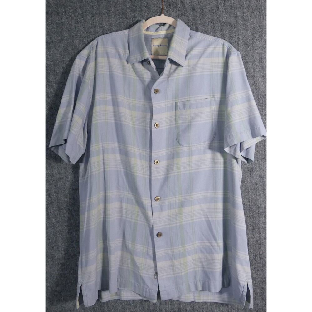 Tommy Bahama Large Mens Shirt 100% Silk Stripe Blue